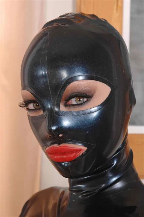 Sexy Black Full Face Natural Latex Hood Open Eye For Women Sexy Handmade In Costume Accessories