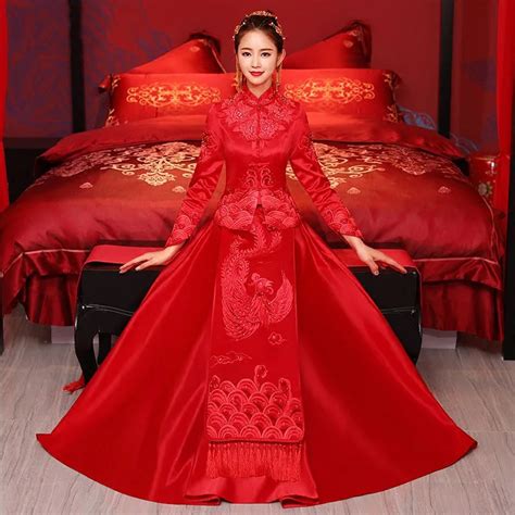 Red Traditional Wedding Gown New Chinese Embroidery Bride Cheongsam Dress Red Qipao Vestido