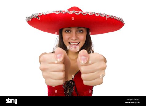 Woman Wearing Red Sombrero Isolated On White Stock Photo Alamy
