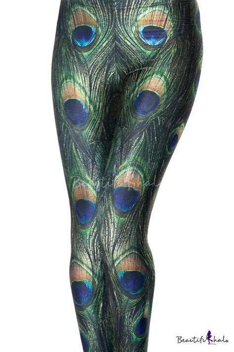 Green Peacock Feather Print Full Length Leggings