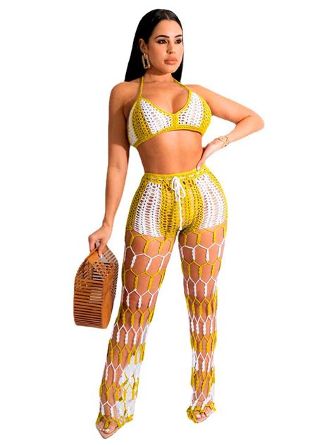 sexy hollow out crochet two piece joggers women pants sets 2023 backless see through cropped top