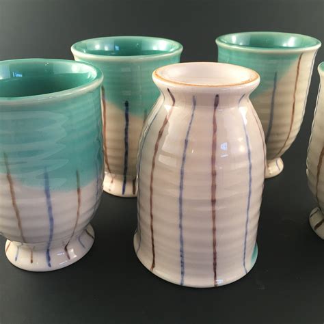 Set Of 5 Vintage Stripe Pottery Glasses Cup Set Of 5 Turquoise Etsy