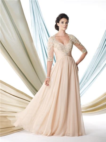 A Line Sweetheart Empire Champagne Chiffon Lace Sleeve