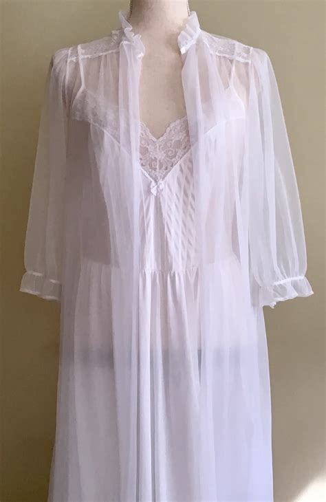 Airy White Bridal Nightgown Peignoir Two Piece Set Vintage S Gilead Sheer Lightweight Lace