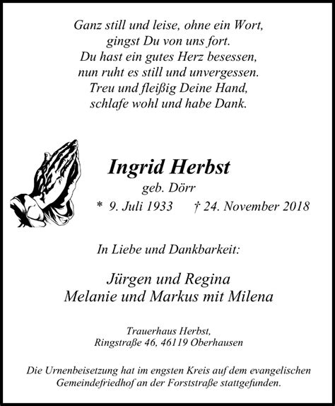 Traueranzeigen Von Ingrid Herbst Trauer In Nrwde