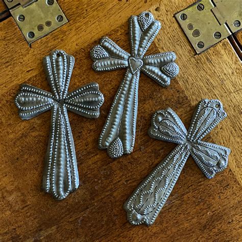 Small Decorative Crosses Set Of 3 Embossed With A Heart And Dots