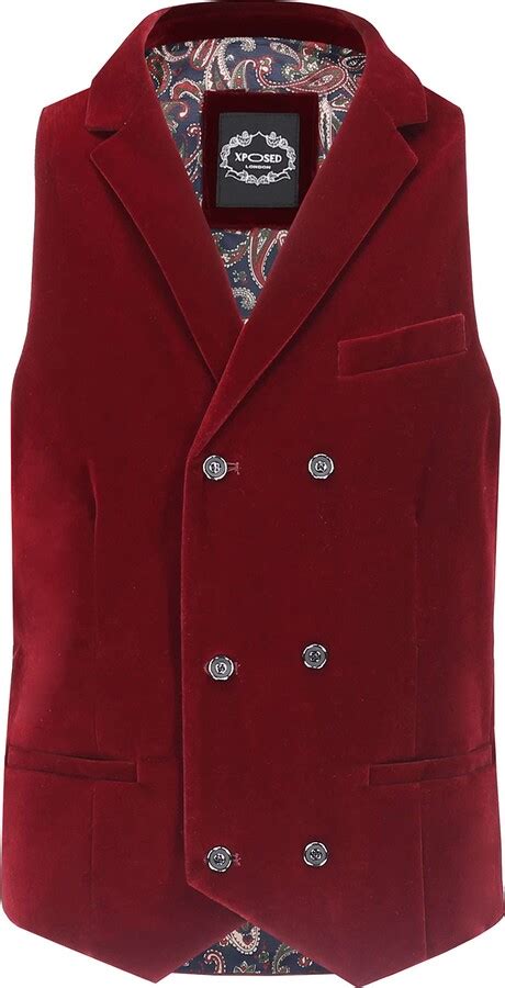 Xposed Mens Double Breasted Collared Velvet Waistcoats Classic Tailored