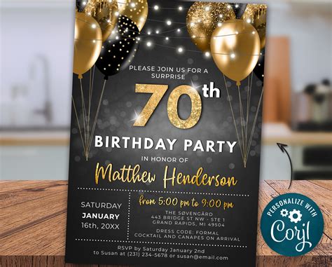 70th Birthday Invitation Seventy Party Black Gold Glitter Etsy