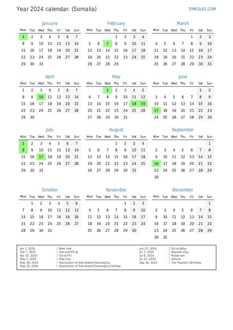 Calendar For 2024 With Holidays In Somalia Print And Download Calendar