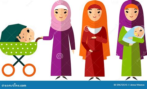 Set Of Arab Pregnant Mother With Newborn In Stroller Stock Vector