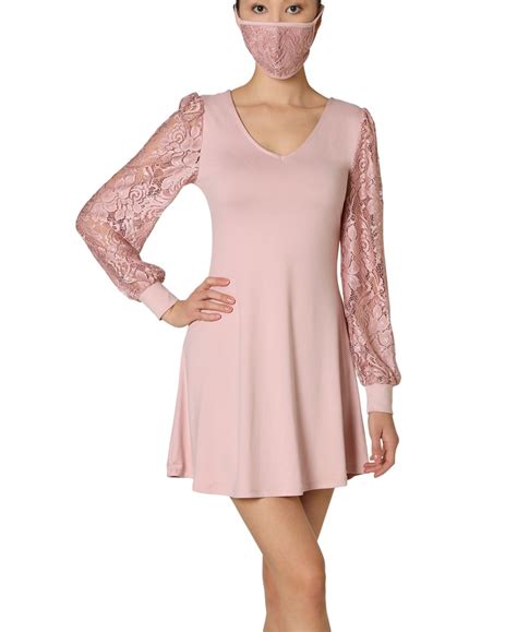 Ultra Flirt Juniors Lace Sleeve Mini Dress With Face Mask Light Pink