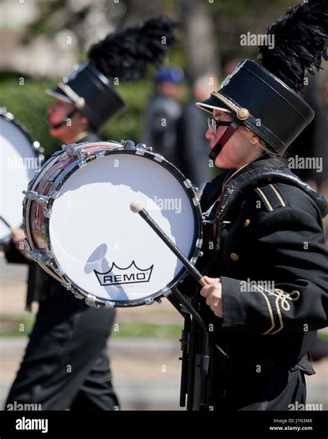 Bass Drum Player In High School Marching Band Usa Stock Photo Alamy