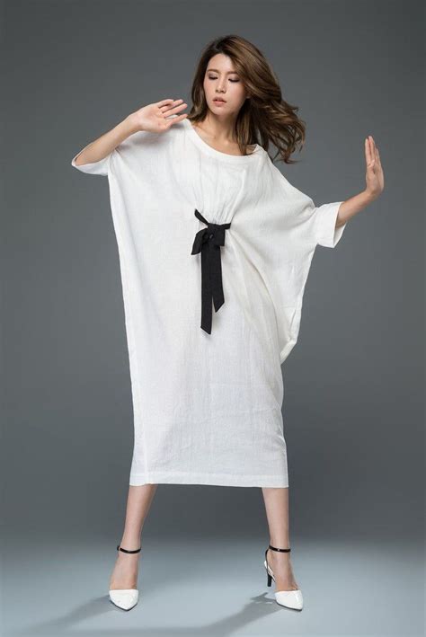 White Linen Dress Loose Fitting Casual Or Smart Womens Designer Dress With Black Ribbon Tie