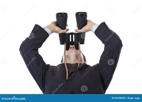Curious Businessman Holds Binoculars Up To The Sky Stock Photo Image