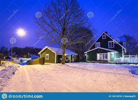 Winter Scenery With Cottage Wooden House In Sweden At