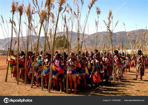 women in traditional costumes marching at umhlanga aka reed dance 01 09 2013 lobamba swaziland