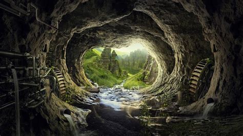 Download 1366x768 Wallpaper Heaven Tunnel Cave River Water Current