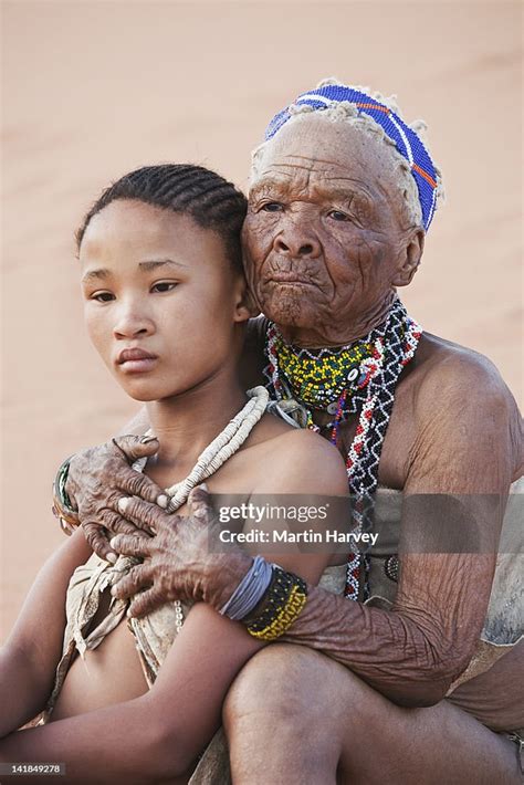 Indigenous Bushmansan Girl Embraced By Grandmother Namibia Image Taken