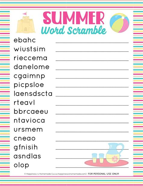 Summer Word Scramble Printable Printable World Holiday