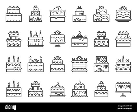 Outline Cake Icons Sweet Cupcake Homemade Dessert With Candles And