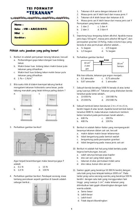 Contoh Soal Ipa Tekanan Kelas Coretan Baik