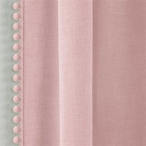 Blush Voile Curtain Pink Pom Pom Trim Panels Slot Top Sheer Linen Style
