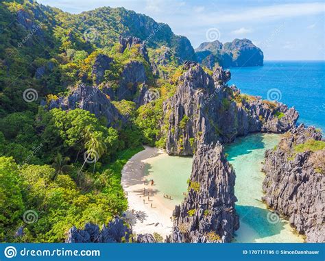 Aerial View Of Hidden Beach In Matinloc Island El Nido Palawan