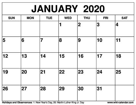 Free Printable January 2020 Calendar Wiki Calendarcom