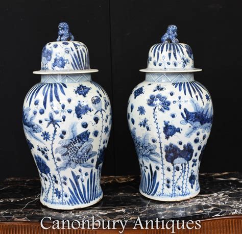 Chinese Ming Ginger Jar Urns Blue And White Porcelain Vases