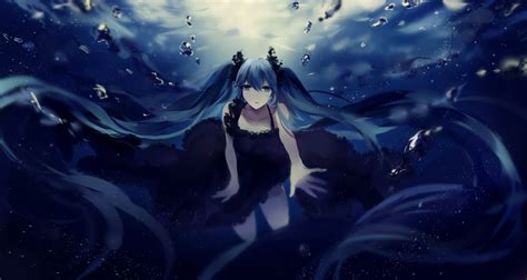 Bangs Long Hair Hatsune Miku Vocaloid Underwater Black Dress Twintails