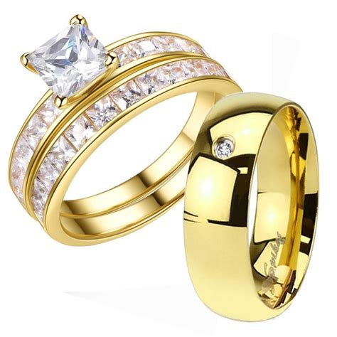 His And Hers 3 Pcs Gold Plated Mens Cz Band Womens 1 25ct In Men And Women Wedding Bands Sets 