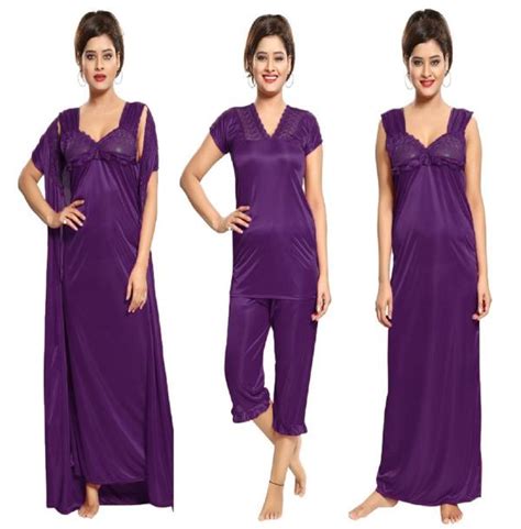 Romaisa Womens Purple Satin Solid Maxi Length Nighty Wrap Gown Top And Capri Free Size