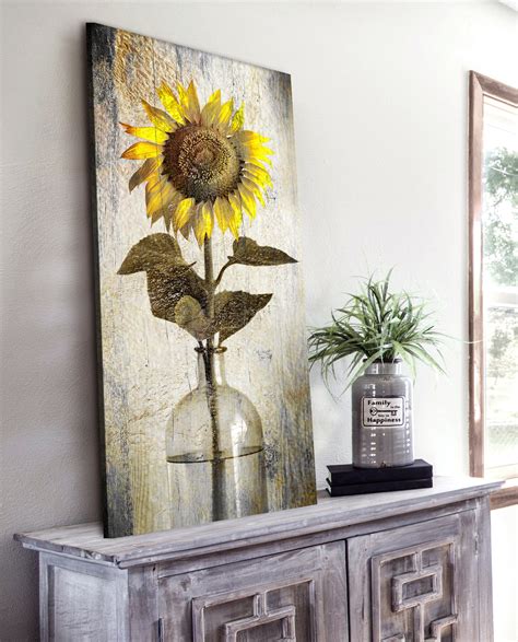Flowers Wall Art Vintage Sunflower In Vase Wood Frame Ready To Hang