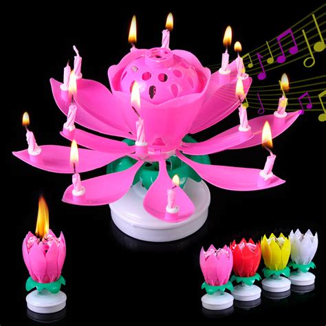 New 14 Petals Rotating Lotus Candle Flower Cake Music Happy Birthday