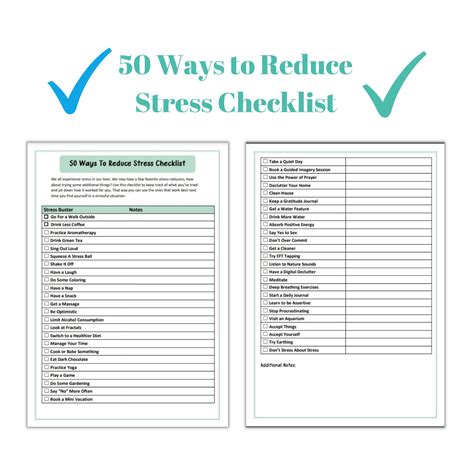 50 Ways To Reduce Stress Checklist Printable 85x11 Print At Home