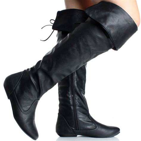 22 flat over the knee boots winter thigh high black tall fold over womens flat leather
