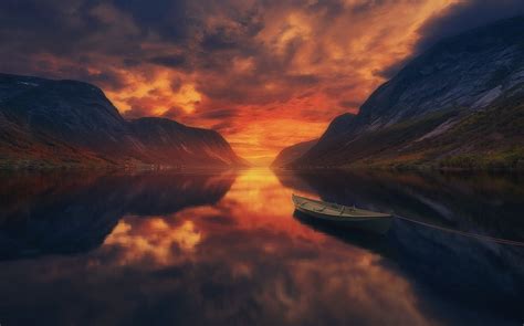 Wallpaper Sunlight Landscape Mountains Boat Sunset Sea Lake