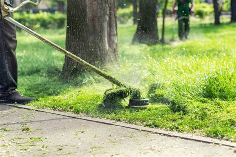 Worker Mowing Tall Grass With Electric Or Petrol Lawn Trimmer In City