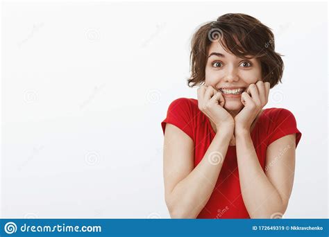 Close Up Cheerful Admiring Tender Silly Woman Short Stylish Haircut Touch Face Impressed Excited