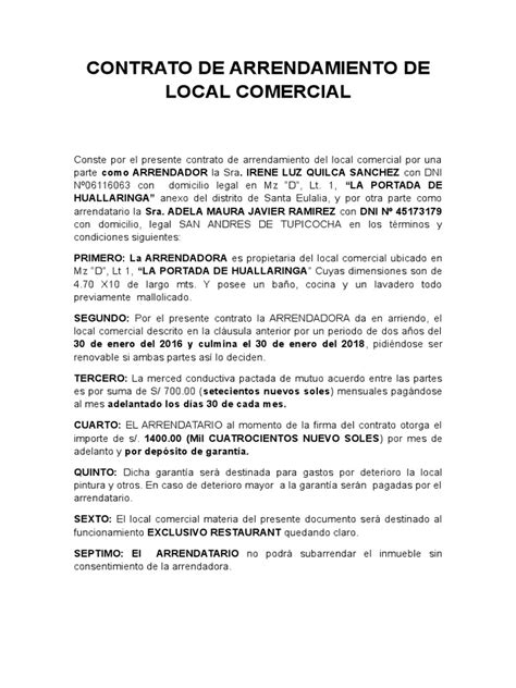Contrato De Arrendamiento De Local Comercial Pdf Alquiler Gobierno