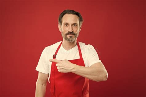 Giving Instructions Cook With Beard And Mustache Wear Apron Red Background Man Mature Cook