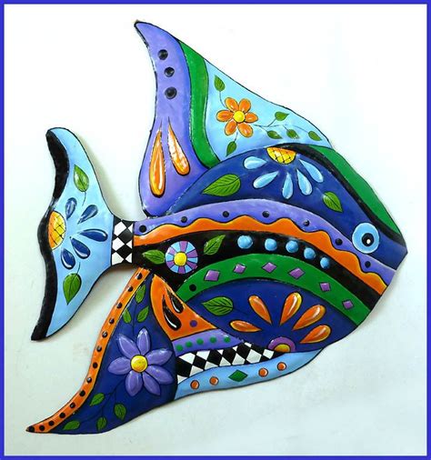 Painted Metal Whimsical Fish Art Design Blue Tropical Fish Wall