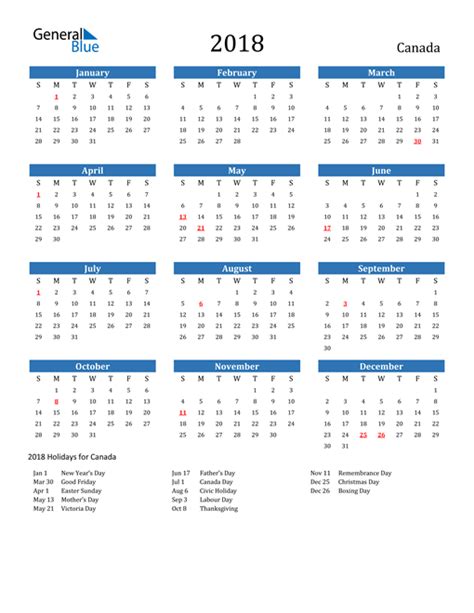 2018 Canada Calendar With Holidays