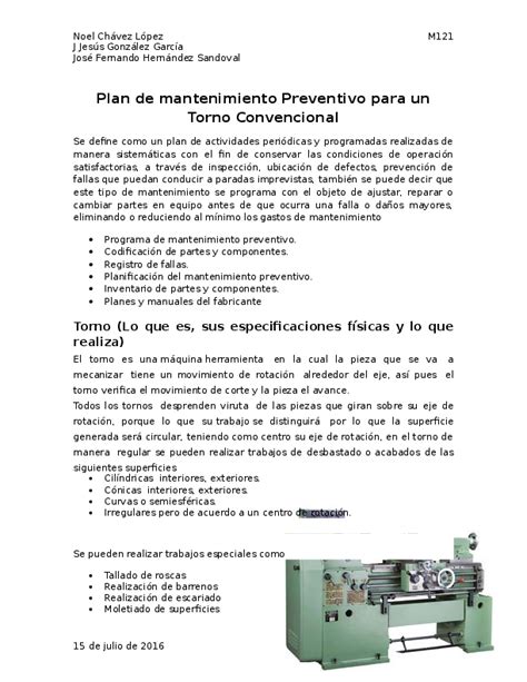 Doc Plan De Mantenimiento Preventivo Para Un Torno Convencional J