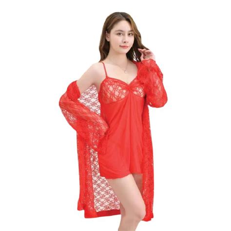 Red 3 Pcs Nighty For Bride Romantic Modern Night Suit For Honeymoon Hot Net Nighty 1 Online