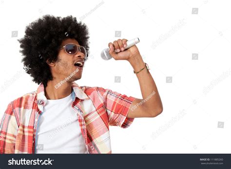 Black Man Holding Microphone Singing Isolated Stock Photo 111885260