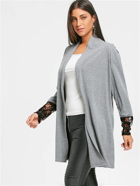 2018 Open Front Lace Insert Tunic Cardigan Gray M In Sweaters