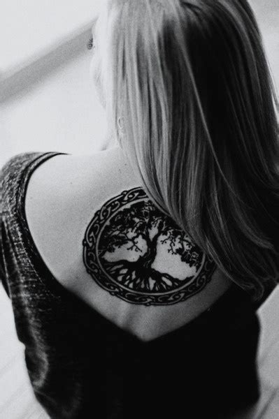 Nice Celtic Pagan Tree Tattoo On Upper Back For Women