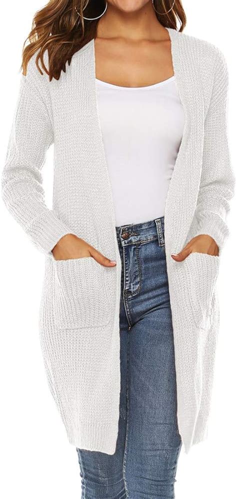 AKQITHJK Damen Long Cardigans Sweater Weiß Langarm Strickpullover