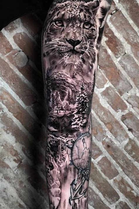 Black ink triangle shaped arm tattoo of leopard portrait with jungle forest lifelike colored thigh tattoo of leopard head with small bird Black and Grey Nature and Snow Leopard Full Sleeve Tattoo - Realistic big cats tattoo by John ...